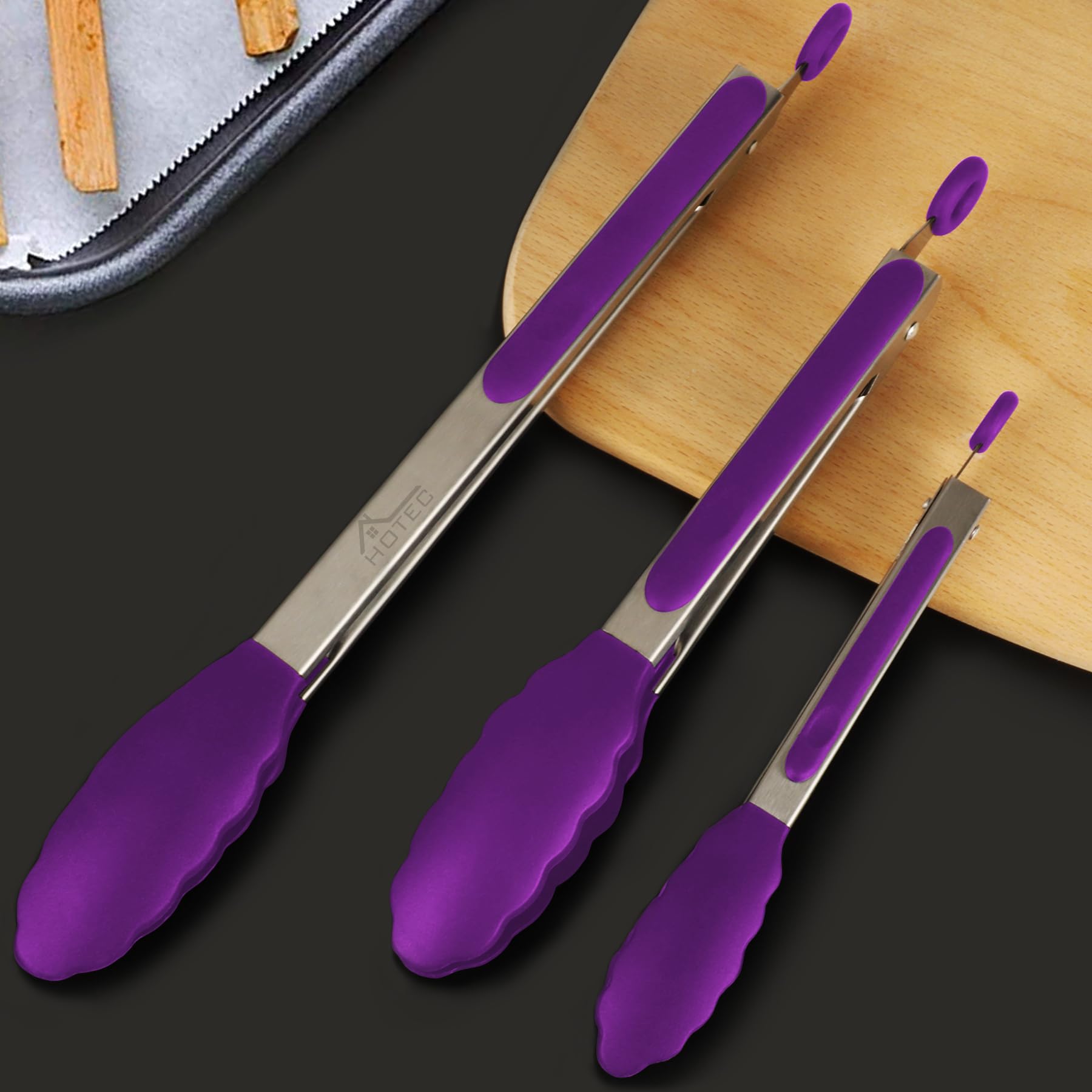 HOTEC purple locking tongs compact for easy storage in drawers.