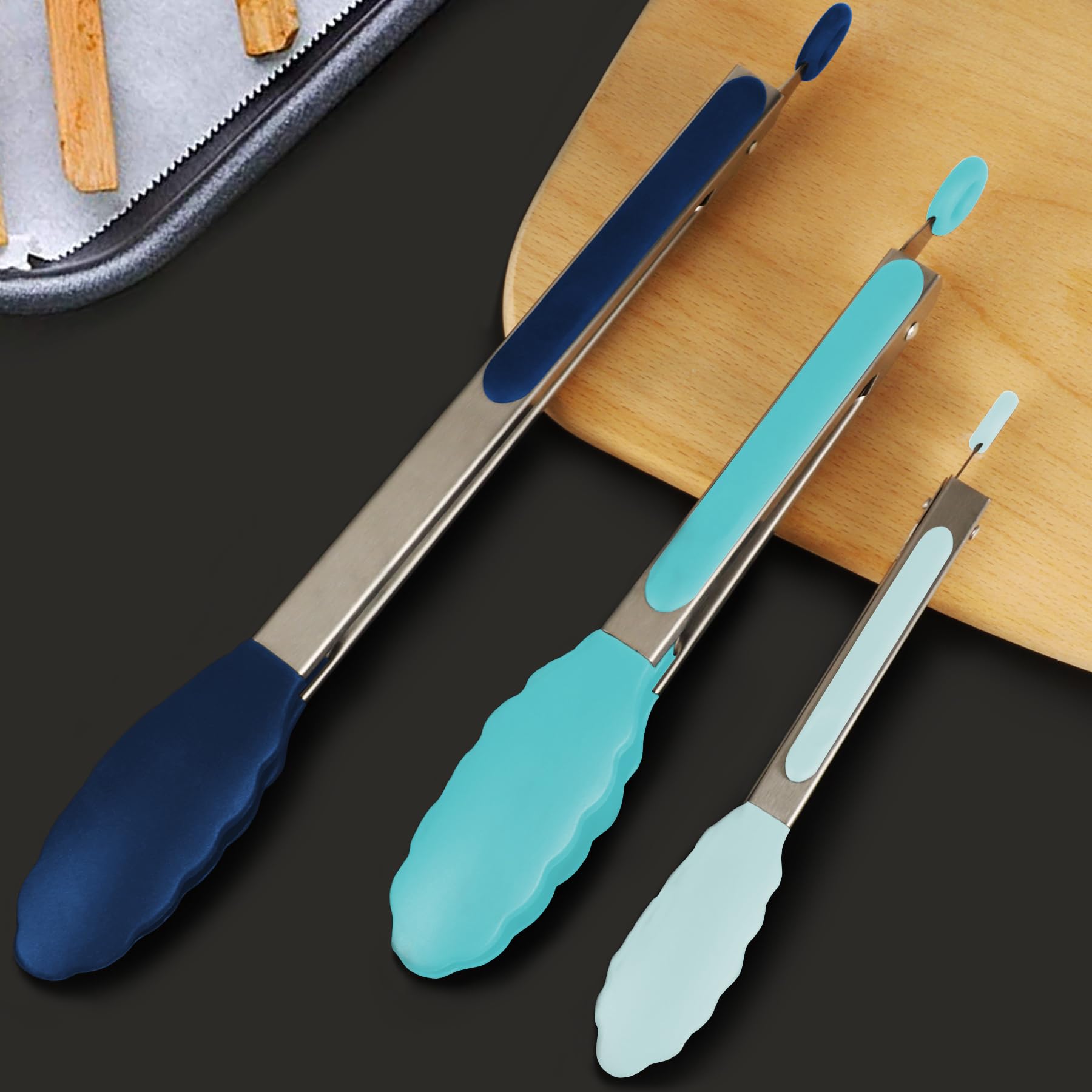 HOTEC gradient blue 12-inch tong near a hot pan during roasting