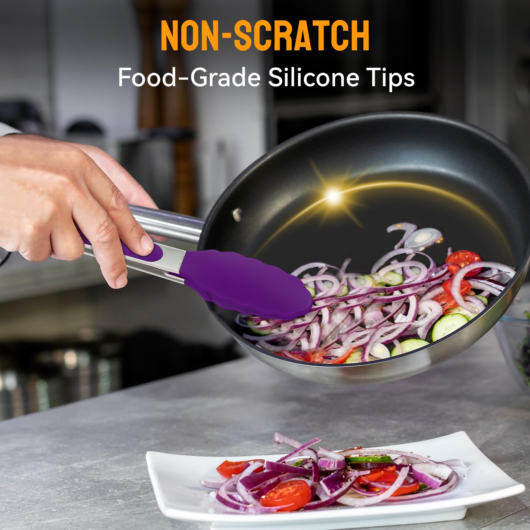 HOTEC purple tongs designed for grilling and flipping on hot surfaces.