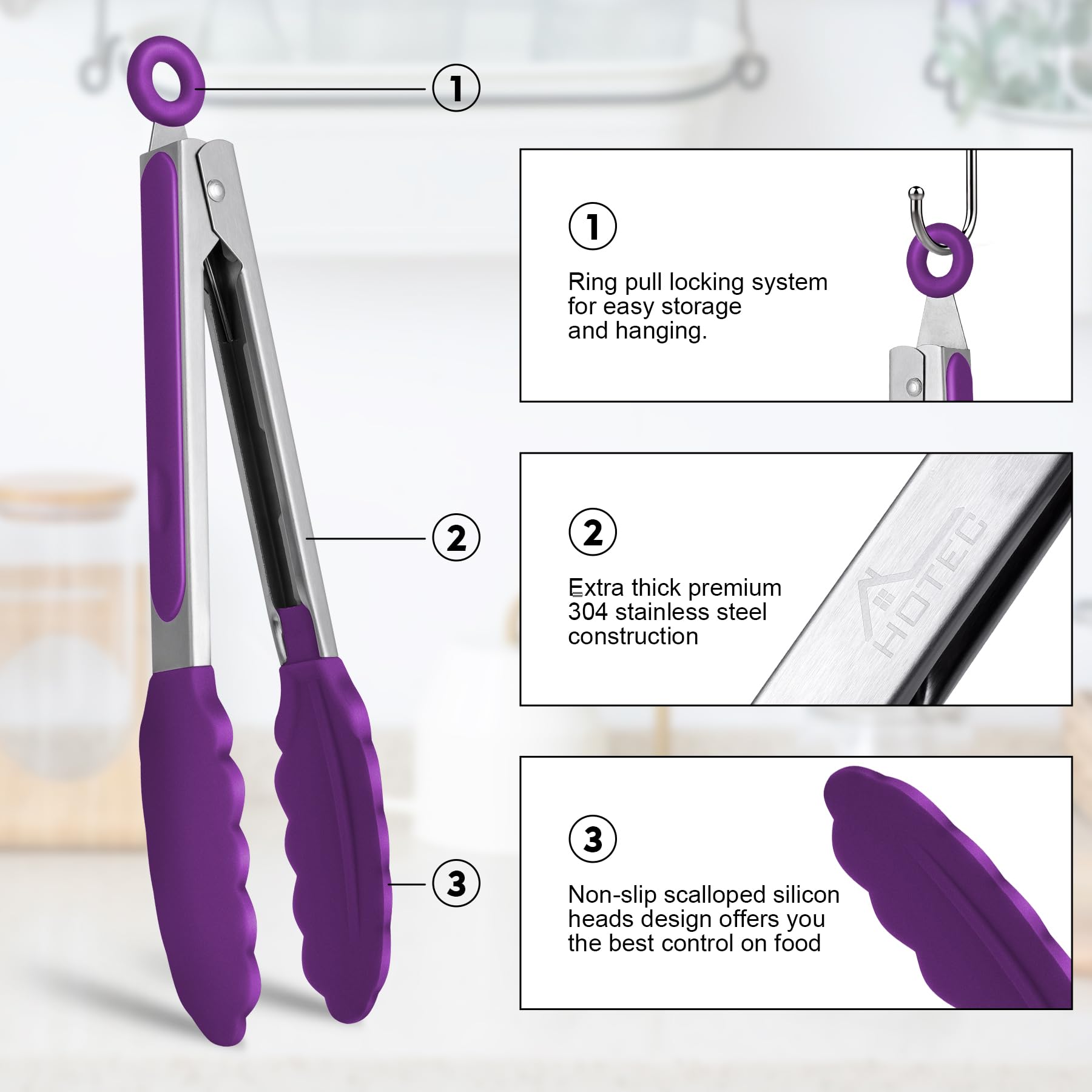 HOTEC silicone-tips purple tongs protect nonstick pans and resist heat.