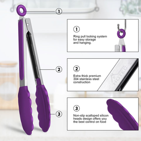 HOTEC silicone-tips purple tongs protect nonstick pans and resist heat.