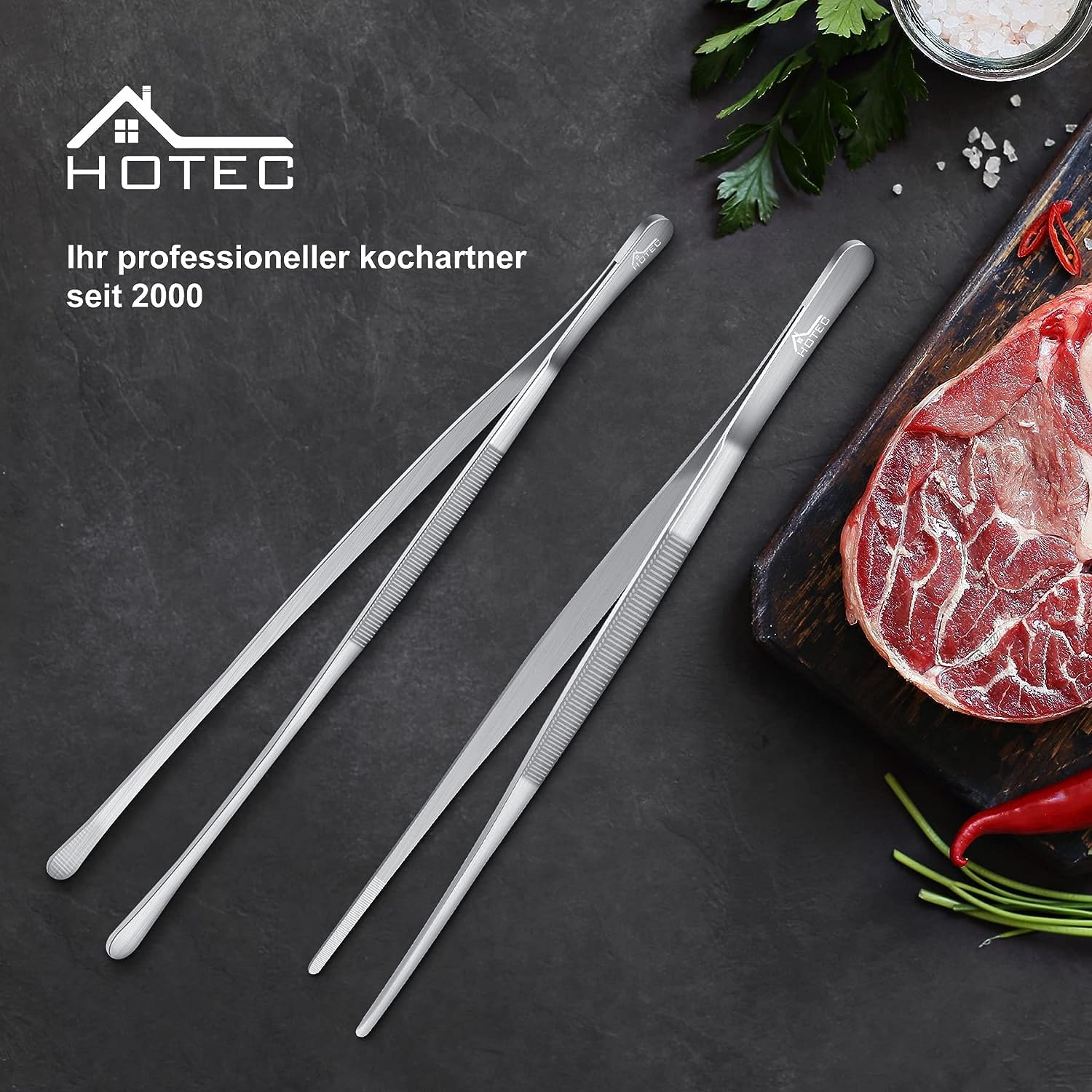 HOTEC professional chef tweezers in stainless steel for reliable kitchen tools.