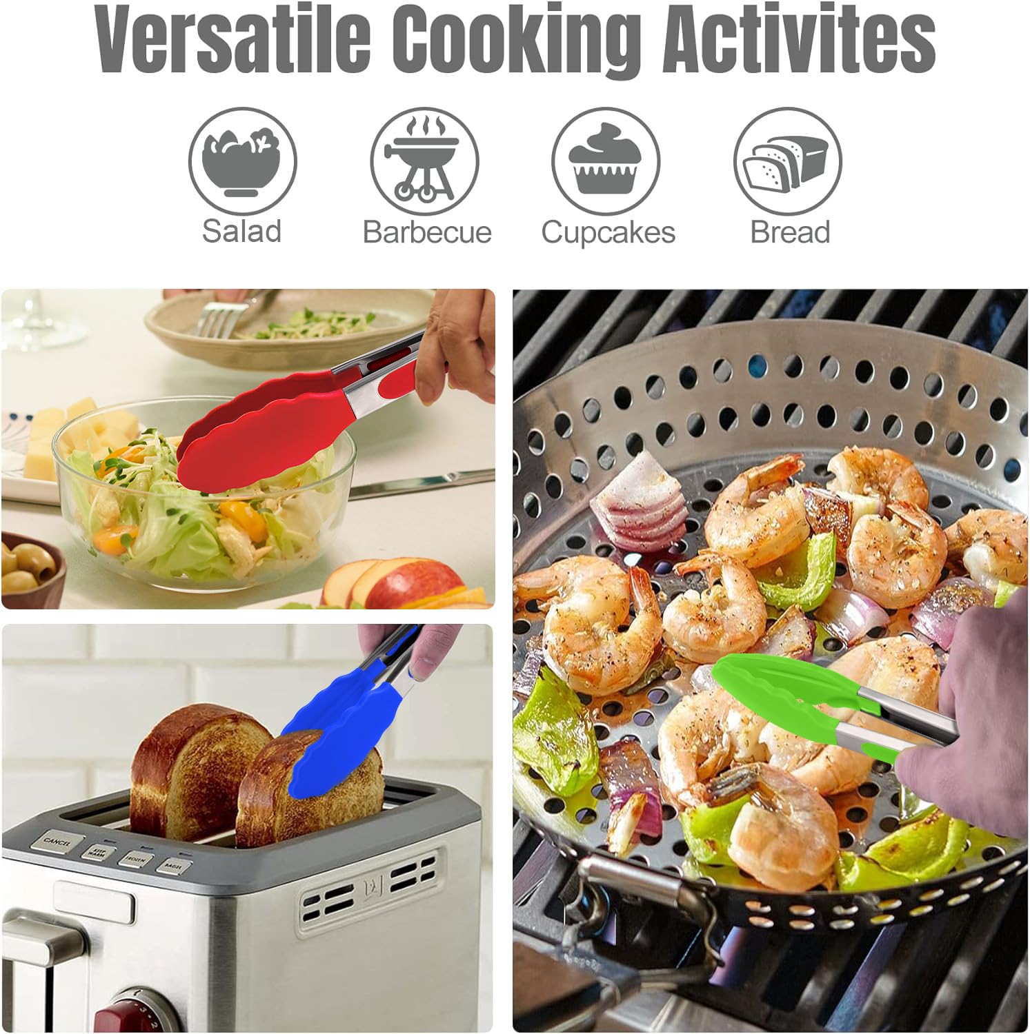 Hotec 9-inch green silicone tongs provide heat-safe control for grilling.