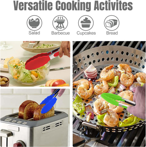 Hotec 9-inch green silicone tongs provide heat-safe control for grilling.