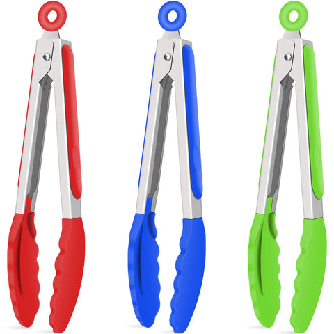 Hotec 9-inch red silicone kitchen tongs with locking mechanism for safe serving.
