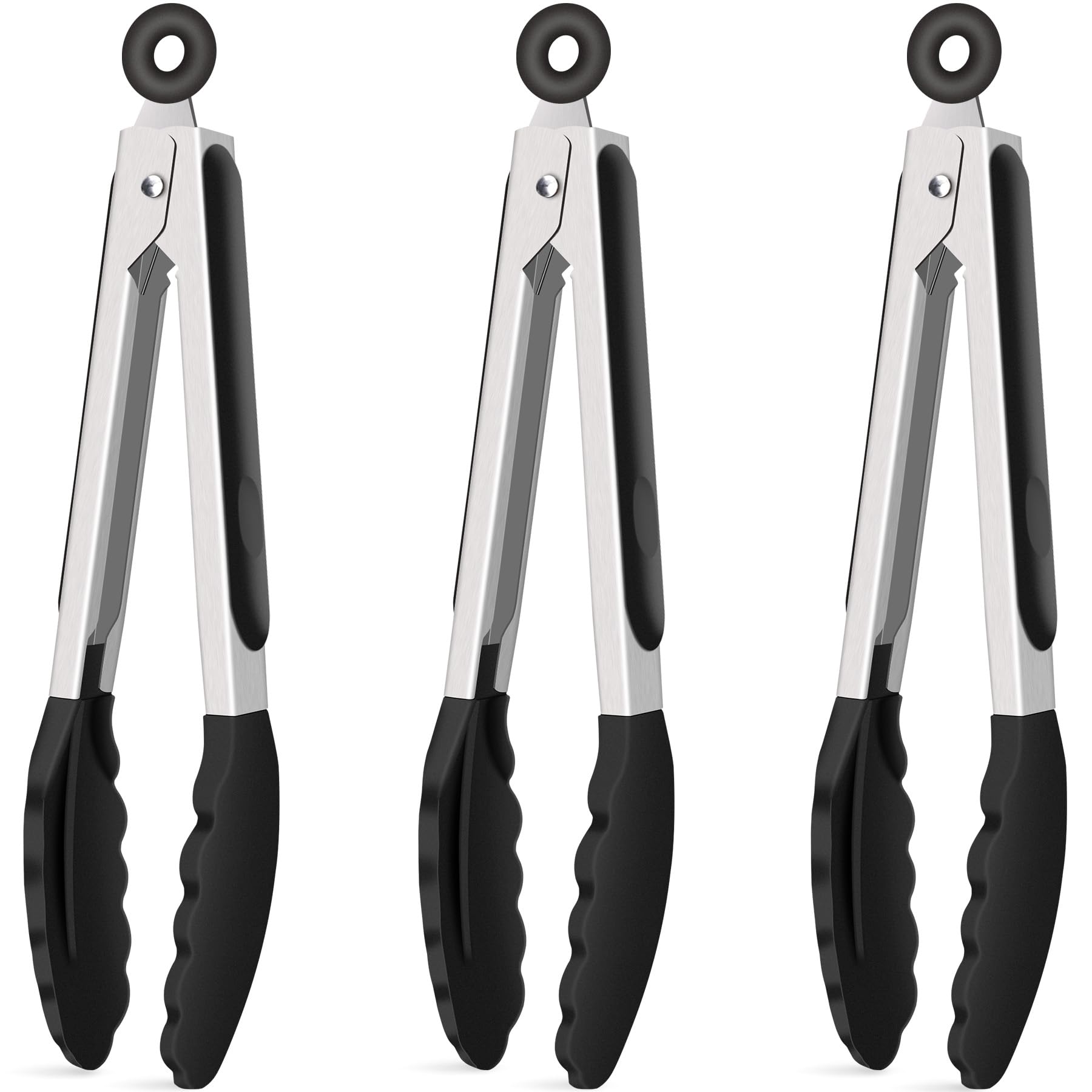 Hotec silicone kitchen tongs 9-inch 3-pack in black for nonstick pans.