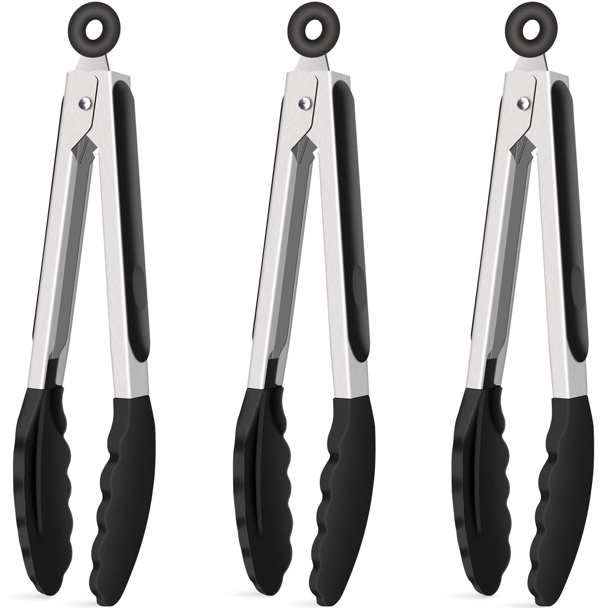 Hotec silicone kitchen tongs 9-inch 3-pack in black for nonstick pans.