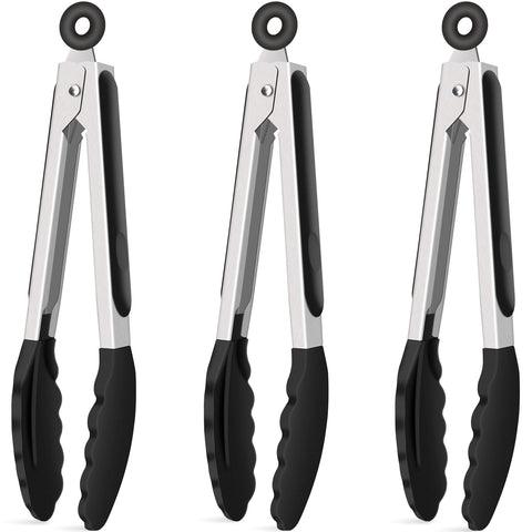 Hotec silicone kitchen tongs 9-inch 3-pack in black for nonstick pans.