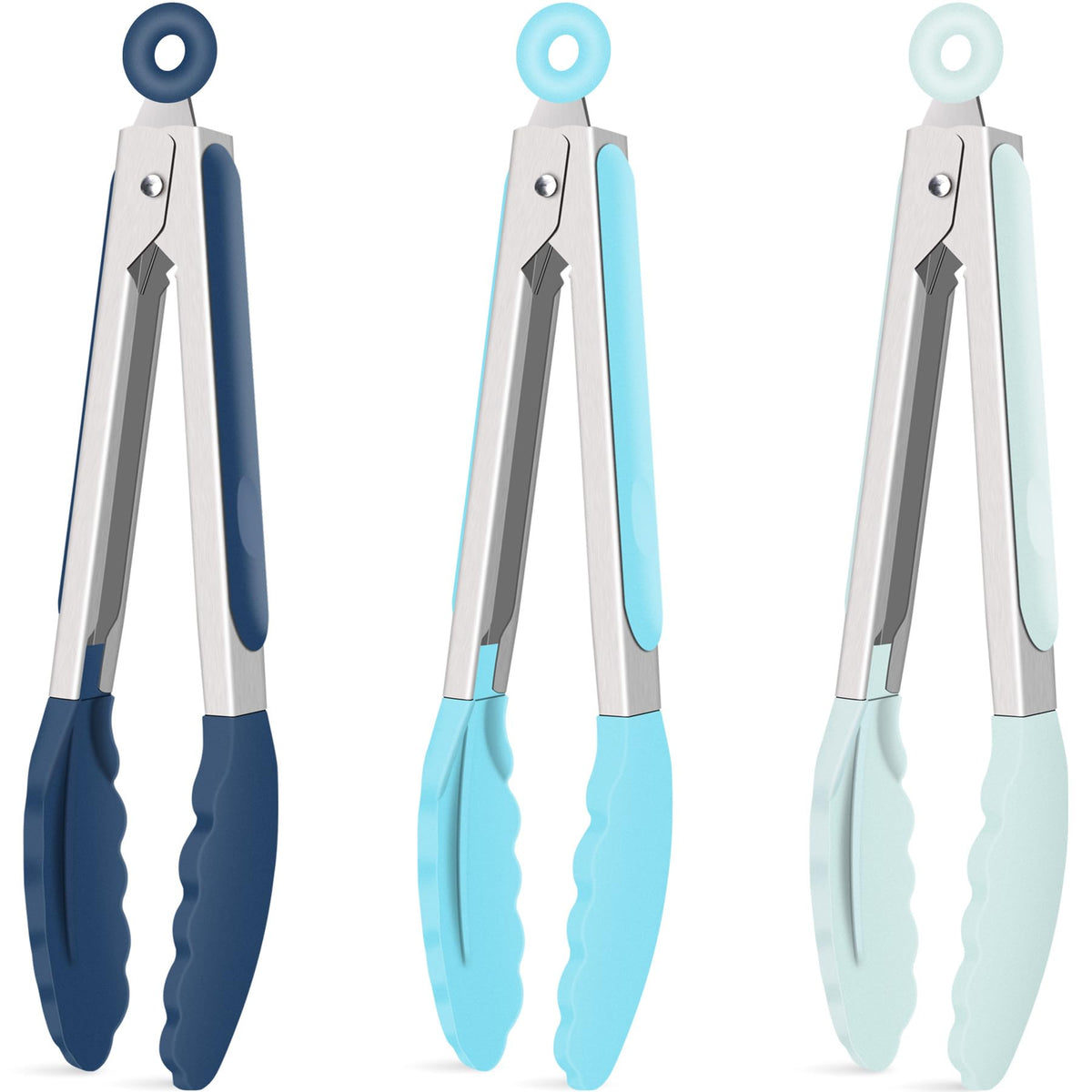 Hotec 9-inch gradient blue silicone kitchen tongs set for versatile serving.
