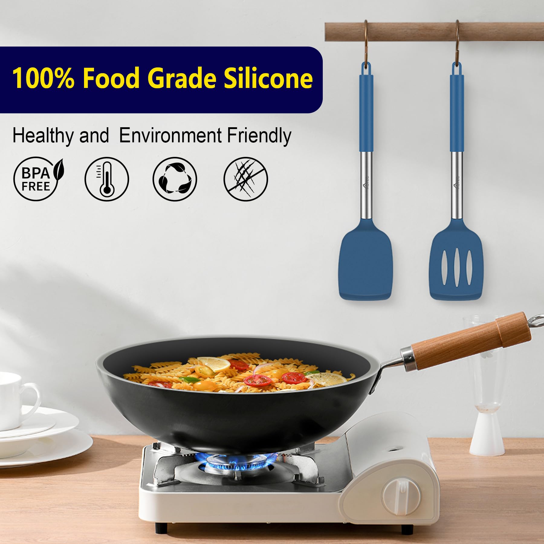 HOTEC 13.7 inch blue spatula set offering extended reach for large pans.