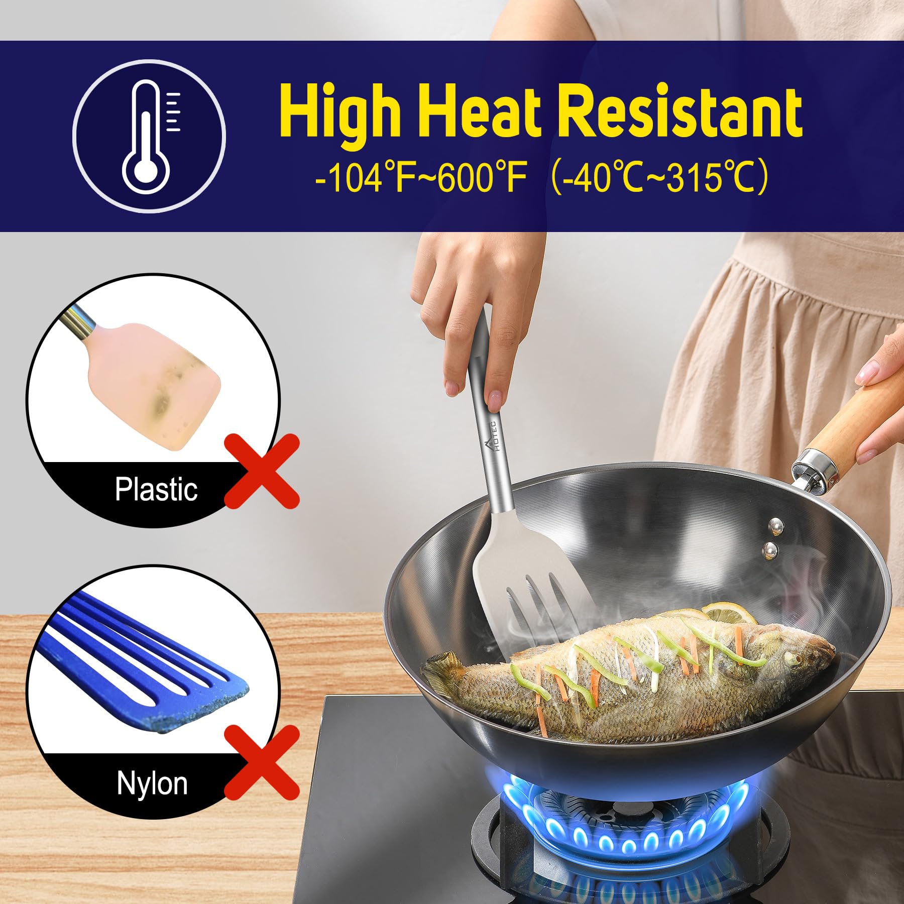 HOTEC silicone spatula nonstick-safe head to prevent scratches.