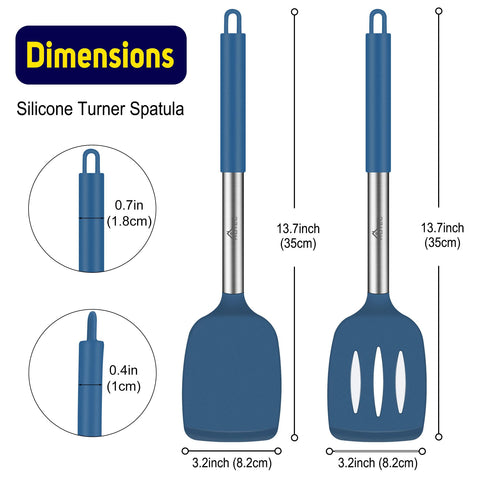 HOTEC slotted silicone spatula in blue drains sauces while lifting food.