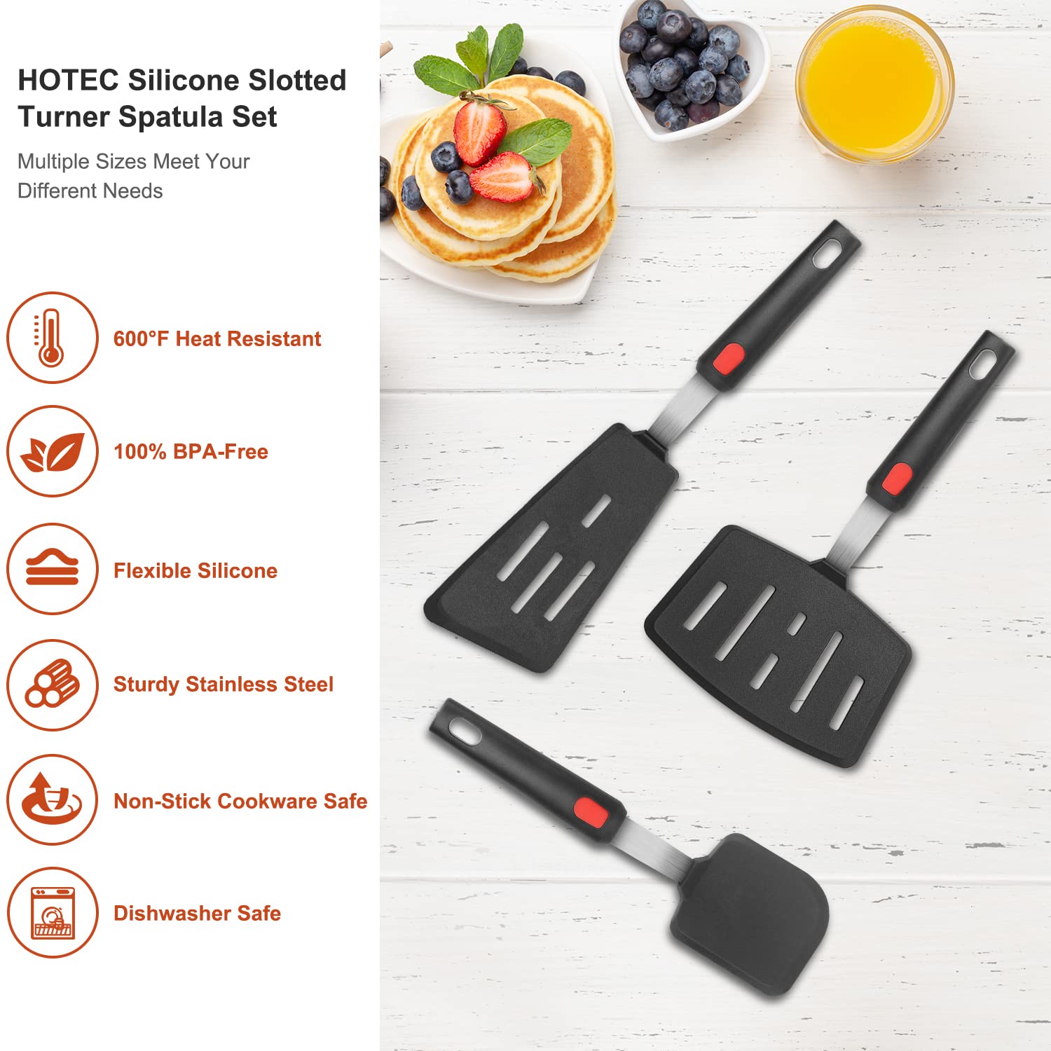 HOTEC slotted spatula designed to lift eggs and burgers without sticking