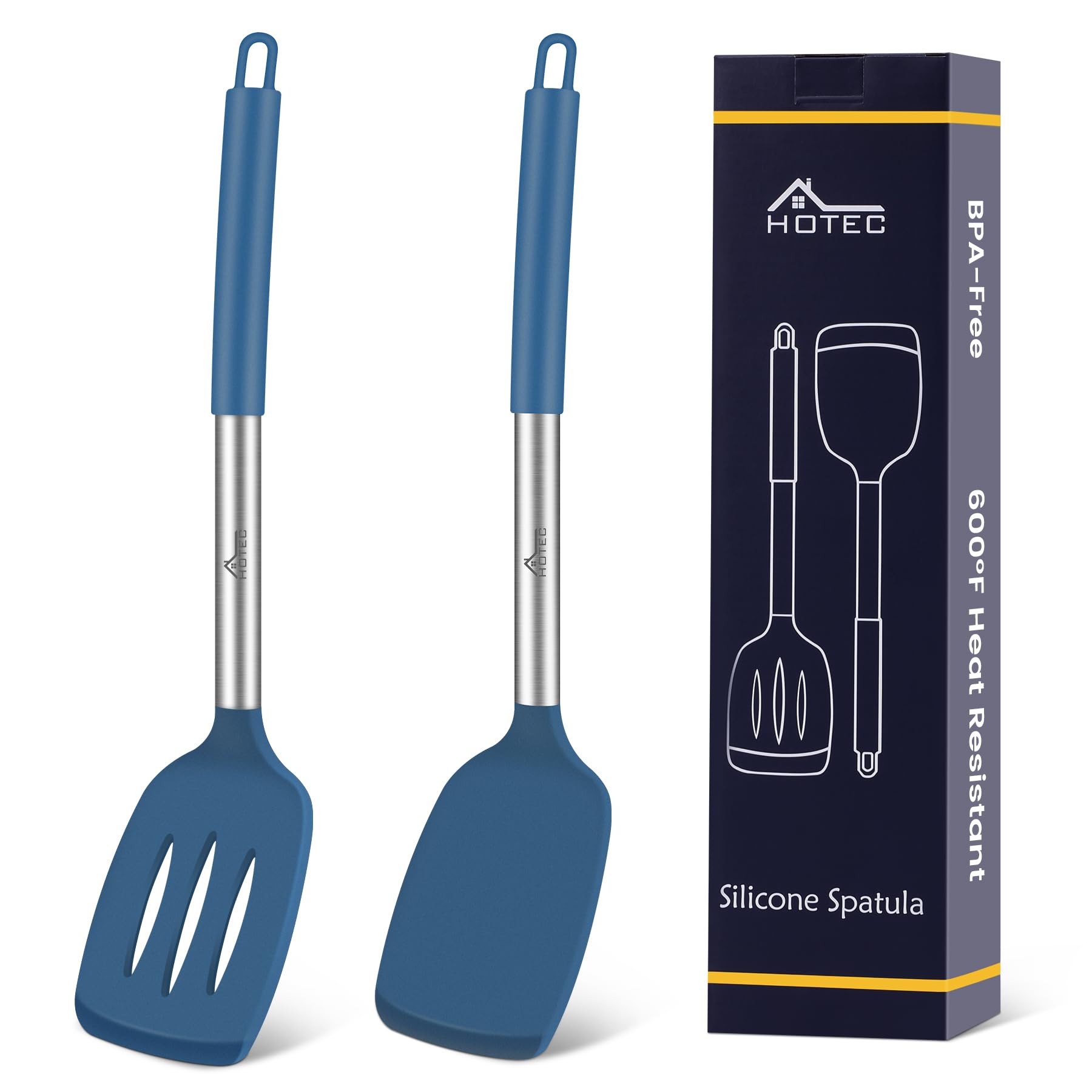 HOTEC solid silicone spatula in blue ideal for gentle flipping on nonstick pans.