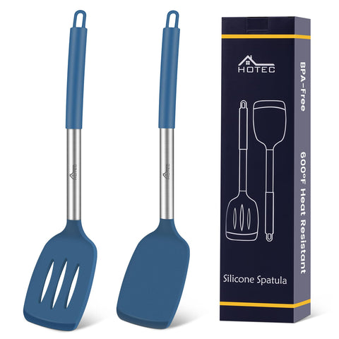 HOTEC solid silicone spatula in blue ideal for gentle flipping on nonstick pans.