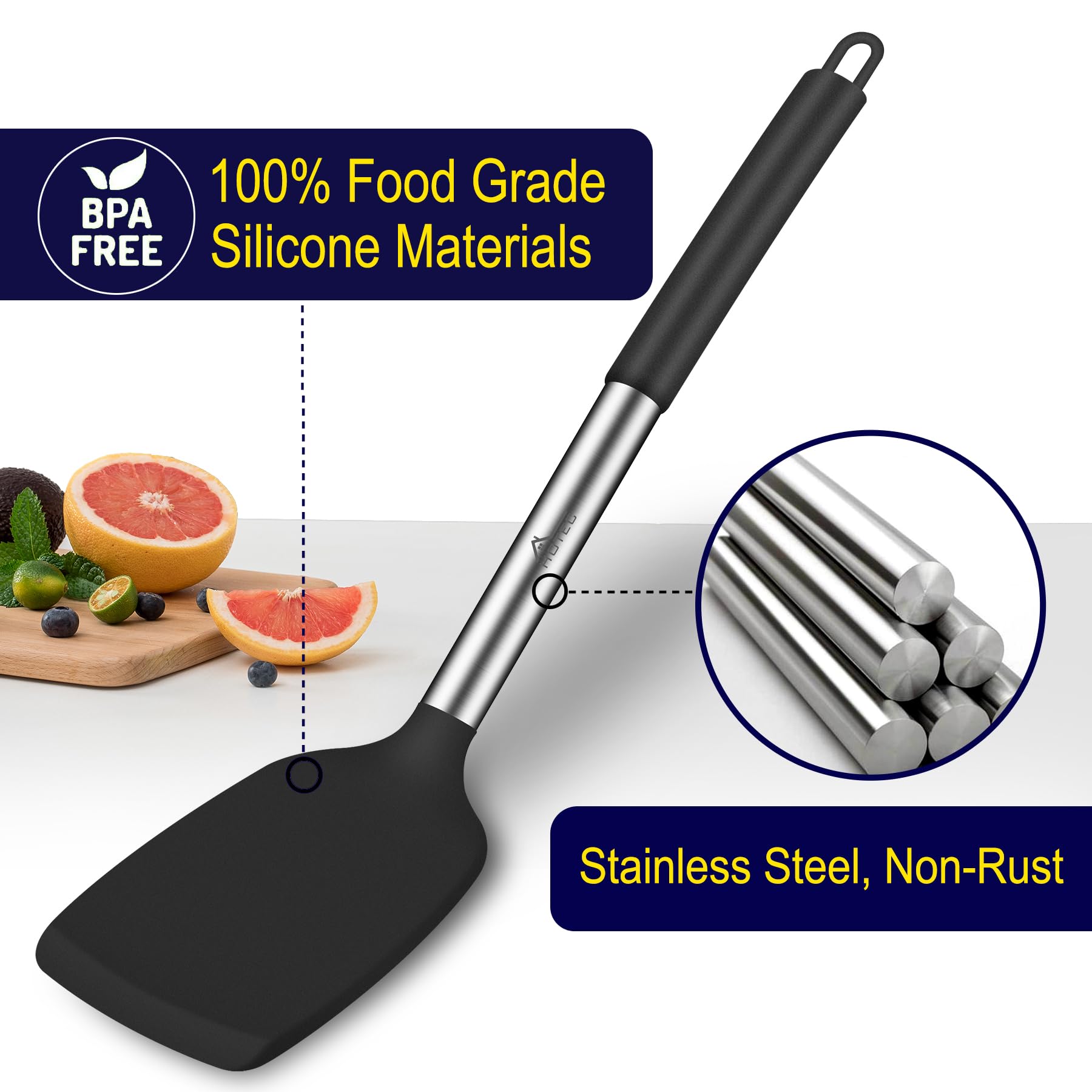 HOTEC spatula with stainless steel handle offers sturdy control during cooking.