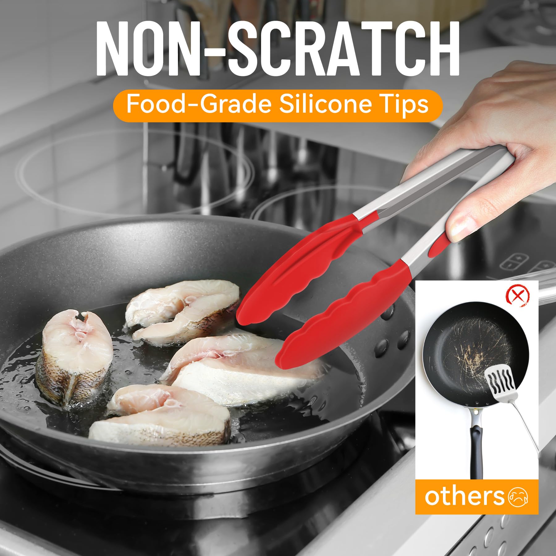 Hotec silicone tips withstand heat up to 600°F and prevent pan scratches.