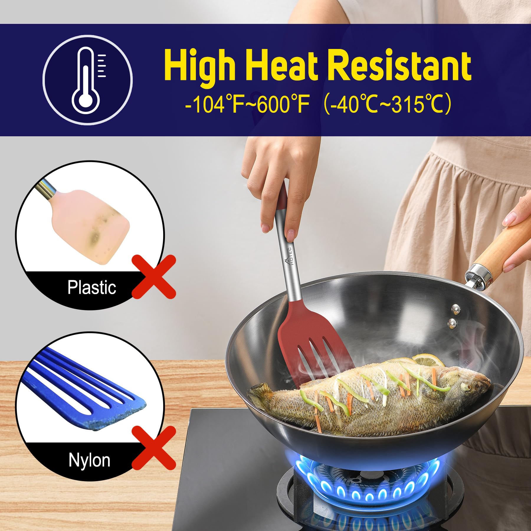 HOTEC nonstick-friendly spatula in red, soft head protects cookware