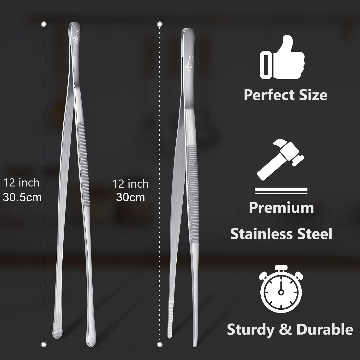 HOTEC stainless steel tweezers ideal for turning burgers and steaks on the grill.