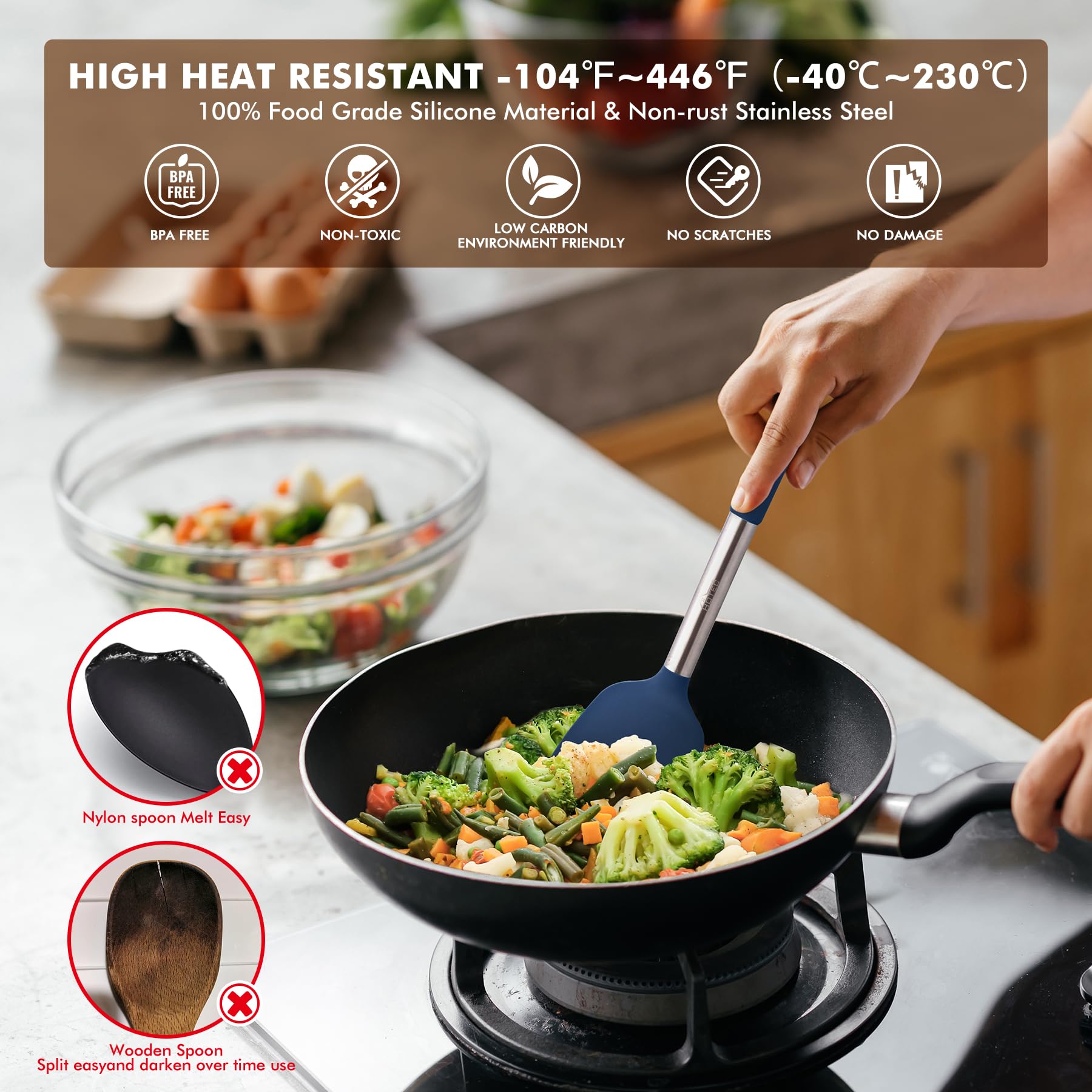 HOTEC stainless steel utensil holder keeping utensils organized on the counter.