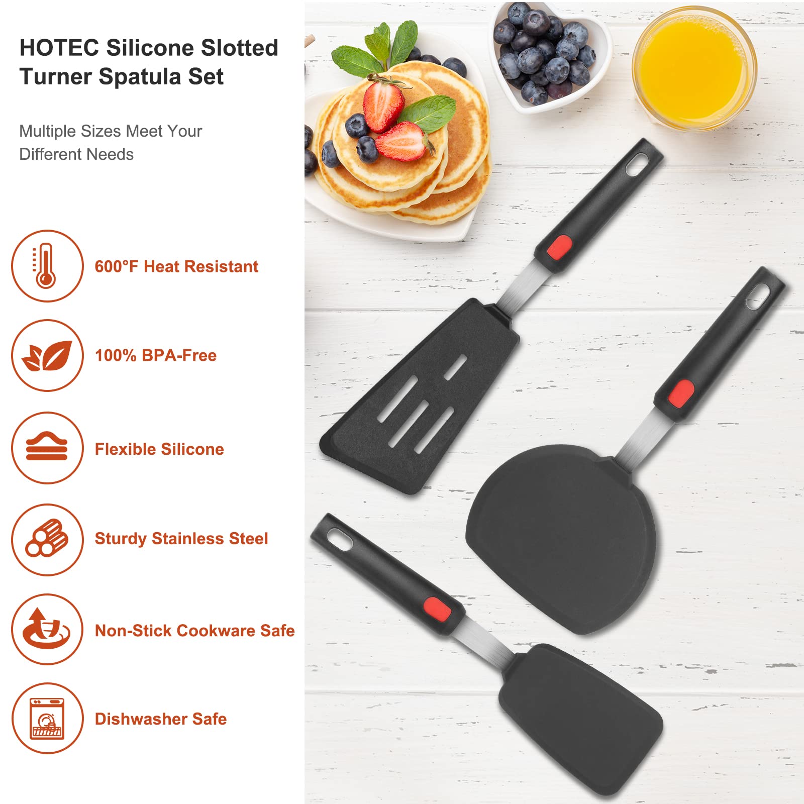 Hotec three-size spatula set covers pancake, classic, and fish tasks