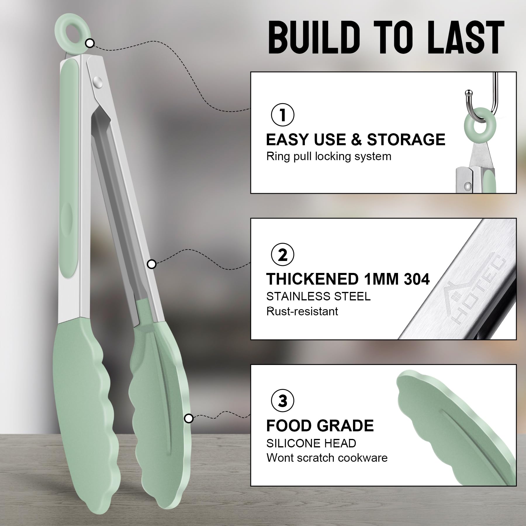 HOTEC 12-inch silicone-tip tongs ideal for grilling and lifting large portions.