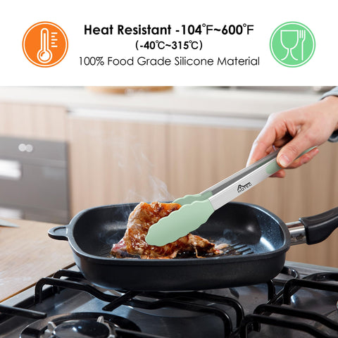 HOTEC 9-inch tongs with silicone tips for safe flipping and serving.