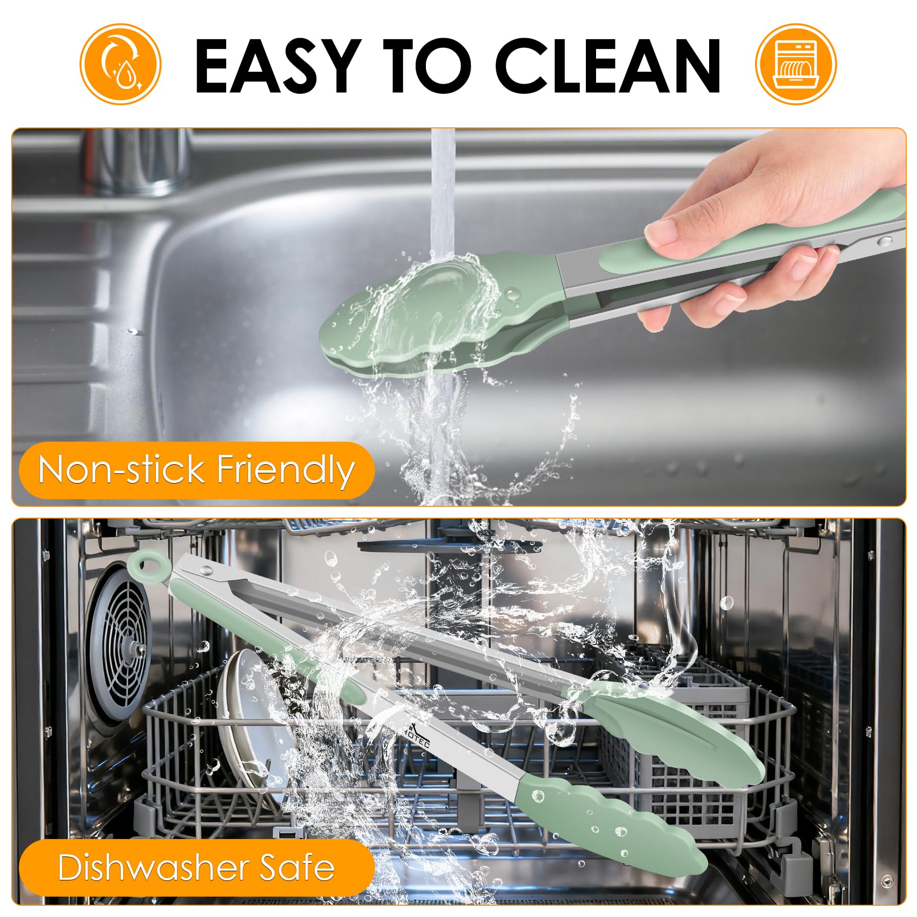 HOTEC dishwasher-safe tongs for quick cleanup after meals.