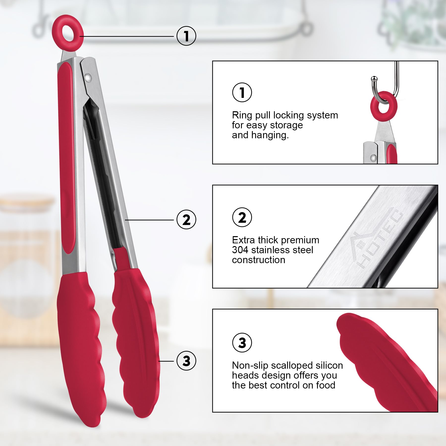 HOTEC locking mechanism red keeps tongs compact and secure storage.