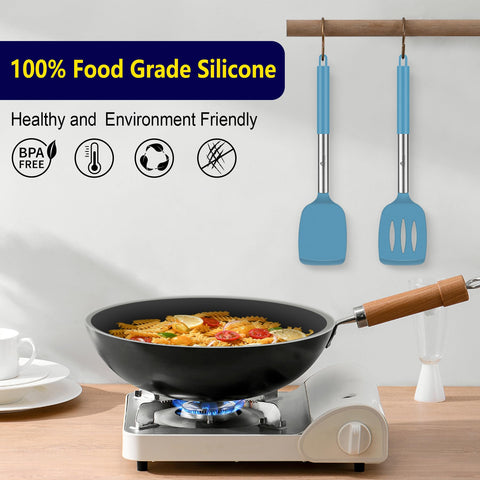 HOTEC blue silicone spatula set shown for everyday kitchen use.