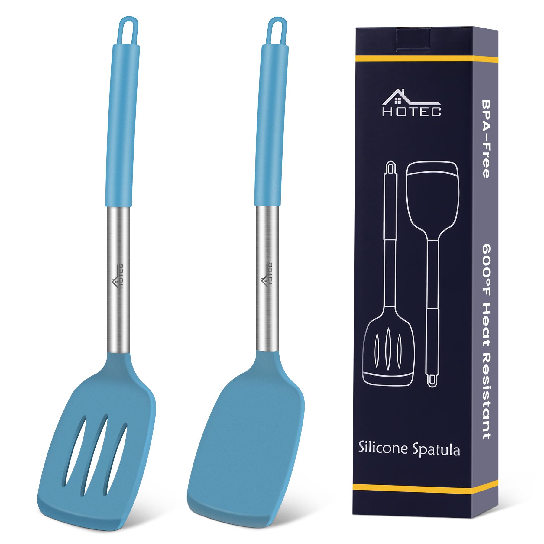 HOTEC solid silicone spatula in blue, gentle on nonstick cookware and ideal for flipping.