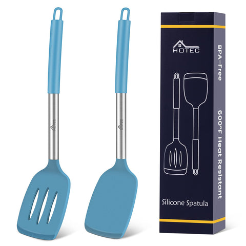HOTEC solid silicone spatula in blue, gentle on nonstick cookware and ideal for flipping.