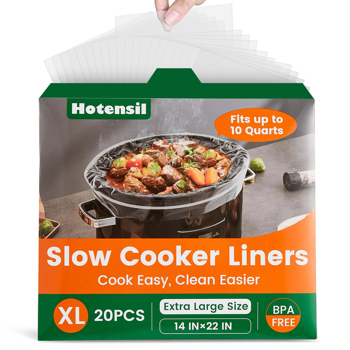 Hotensil slow cooker liners packaging ready to grab for weeknight meals.