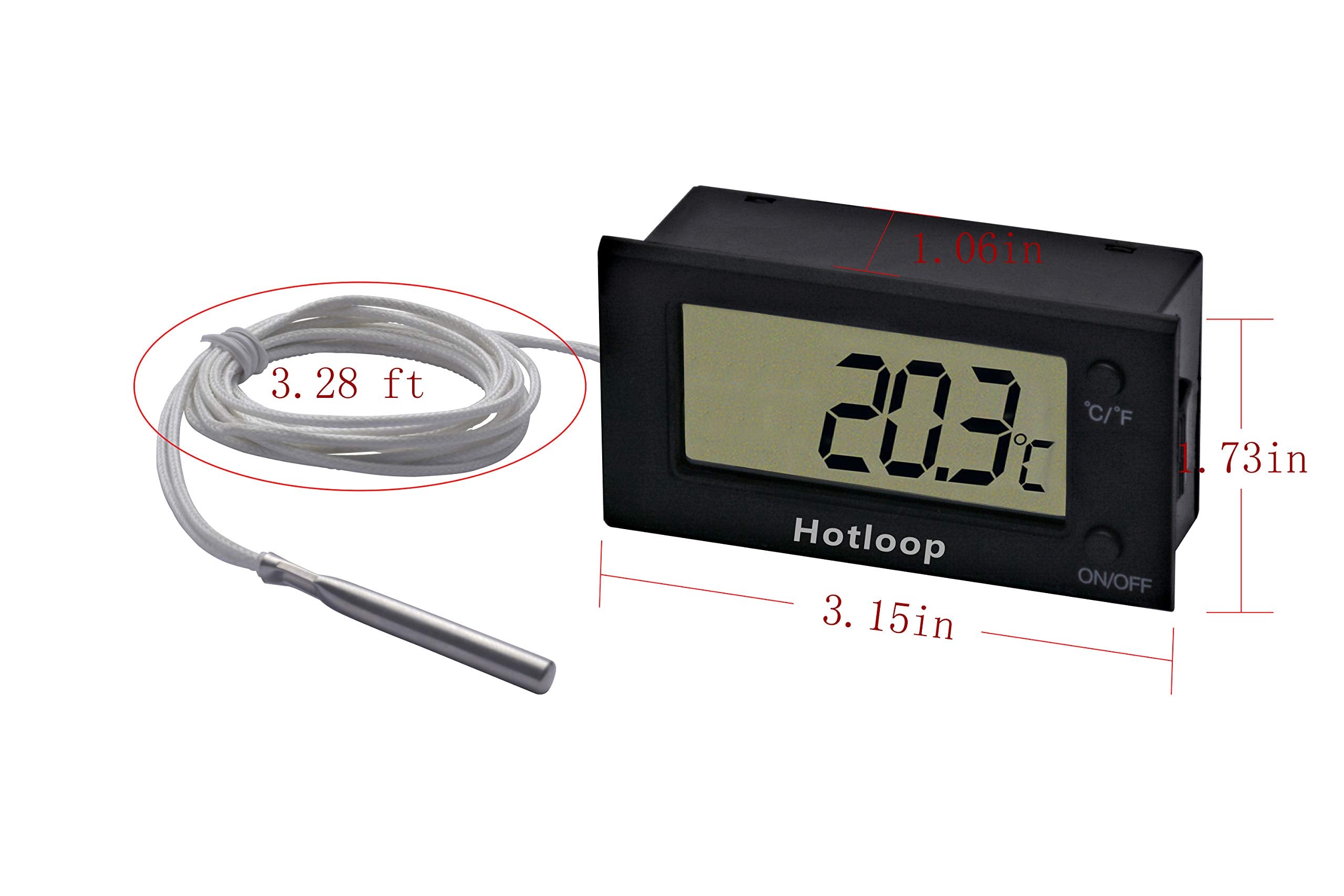Hotloop thermometer thin wire through oven door minimizes seal interference.