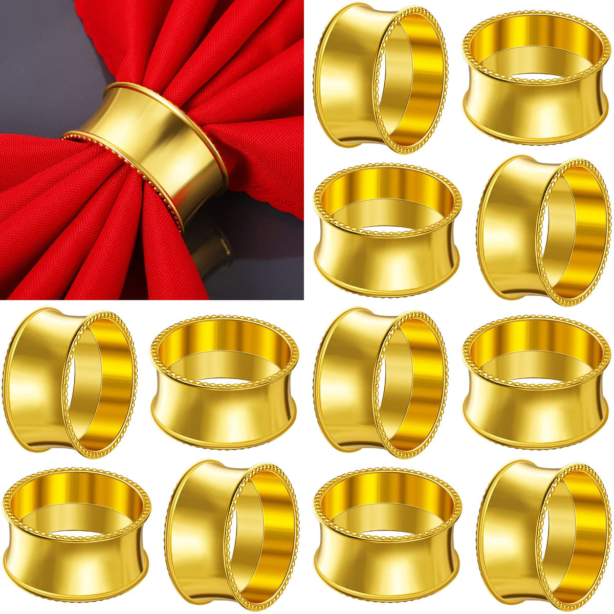 Hotop 8-pack gold beaded napkin rings on table for elegant weddings.