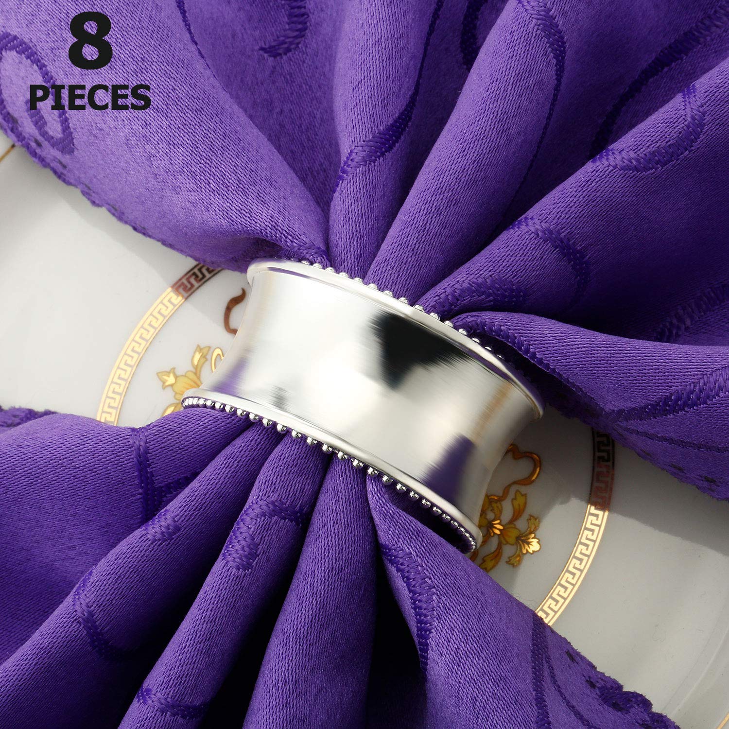Hotop 8-pcs silver napkin rings with beaded rim for elegant table settings