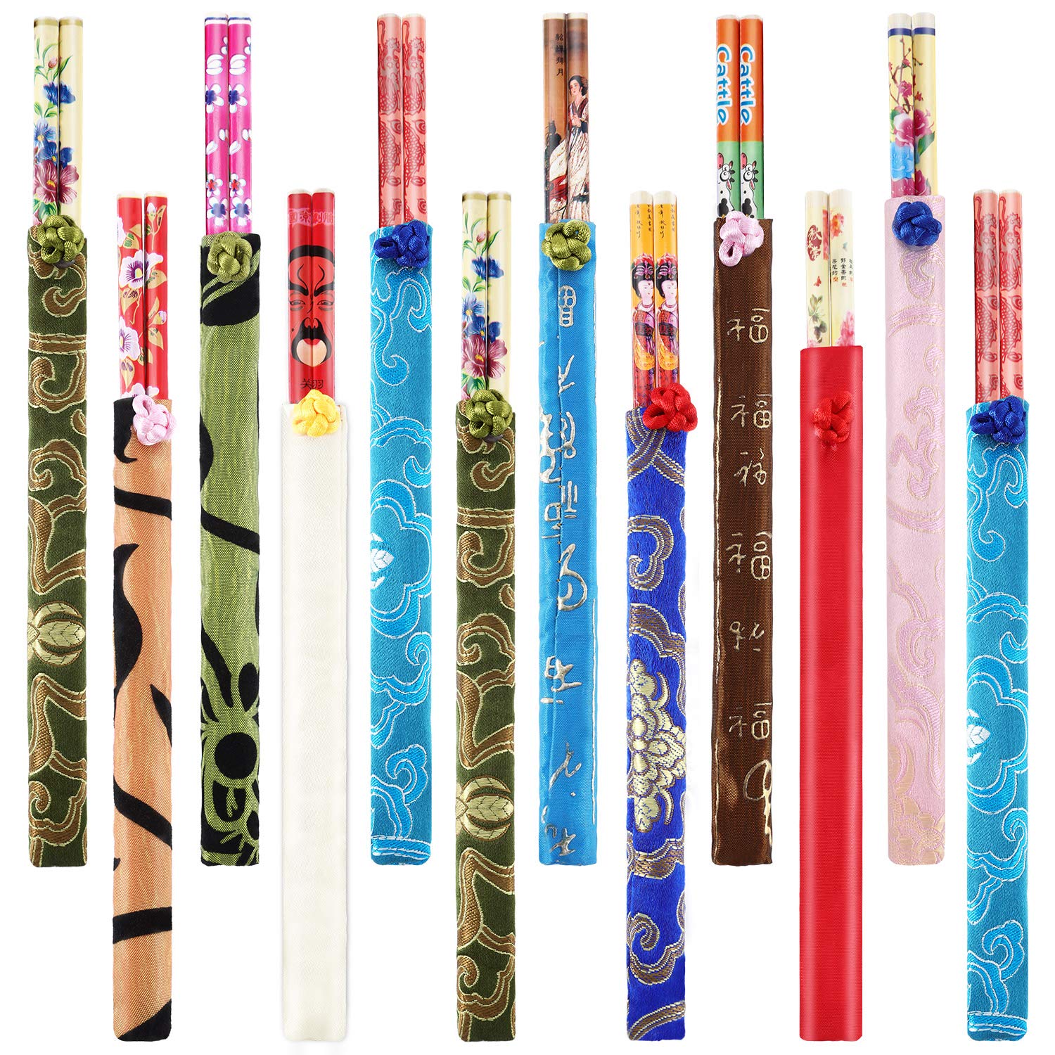 Hotop bamboo chopsticks with colorful patterns and silk sleeves for easy identification