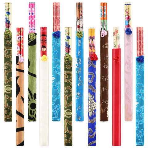 Hotop bamboo chopsticks with colorful patterns and silk sleeves for easy identification