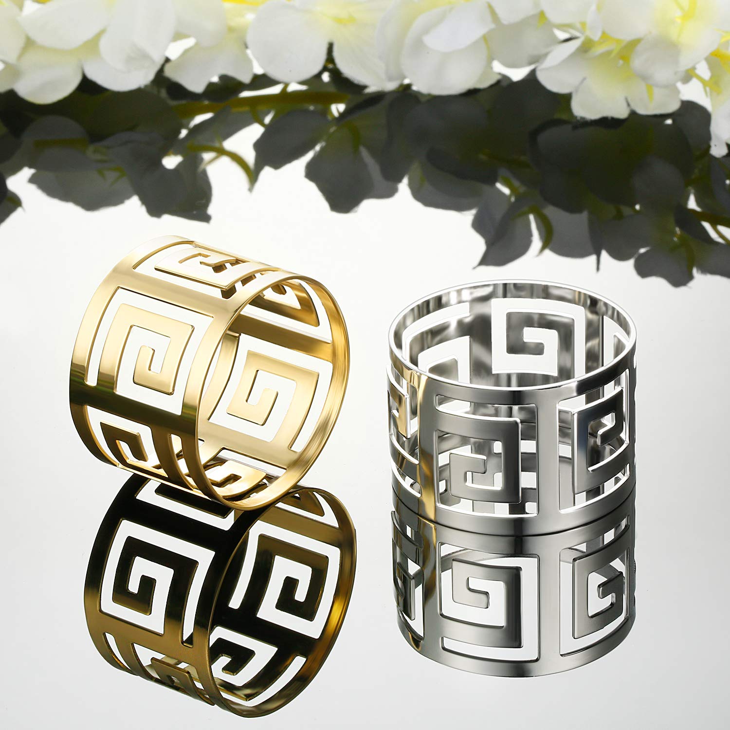 Hotop gold napkin rings illuminate festive Christmas table decor.
