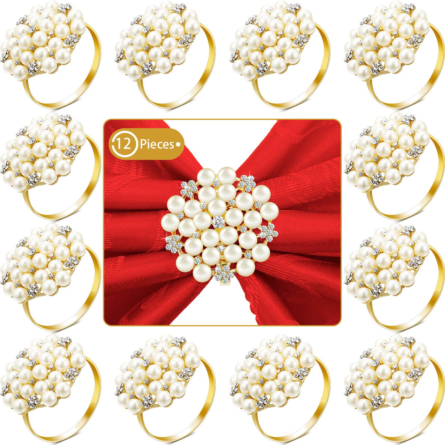 Hotop gold napkin ring with pearl flower and rhinestones adds elegant table decor.