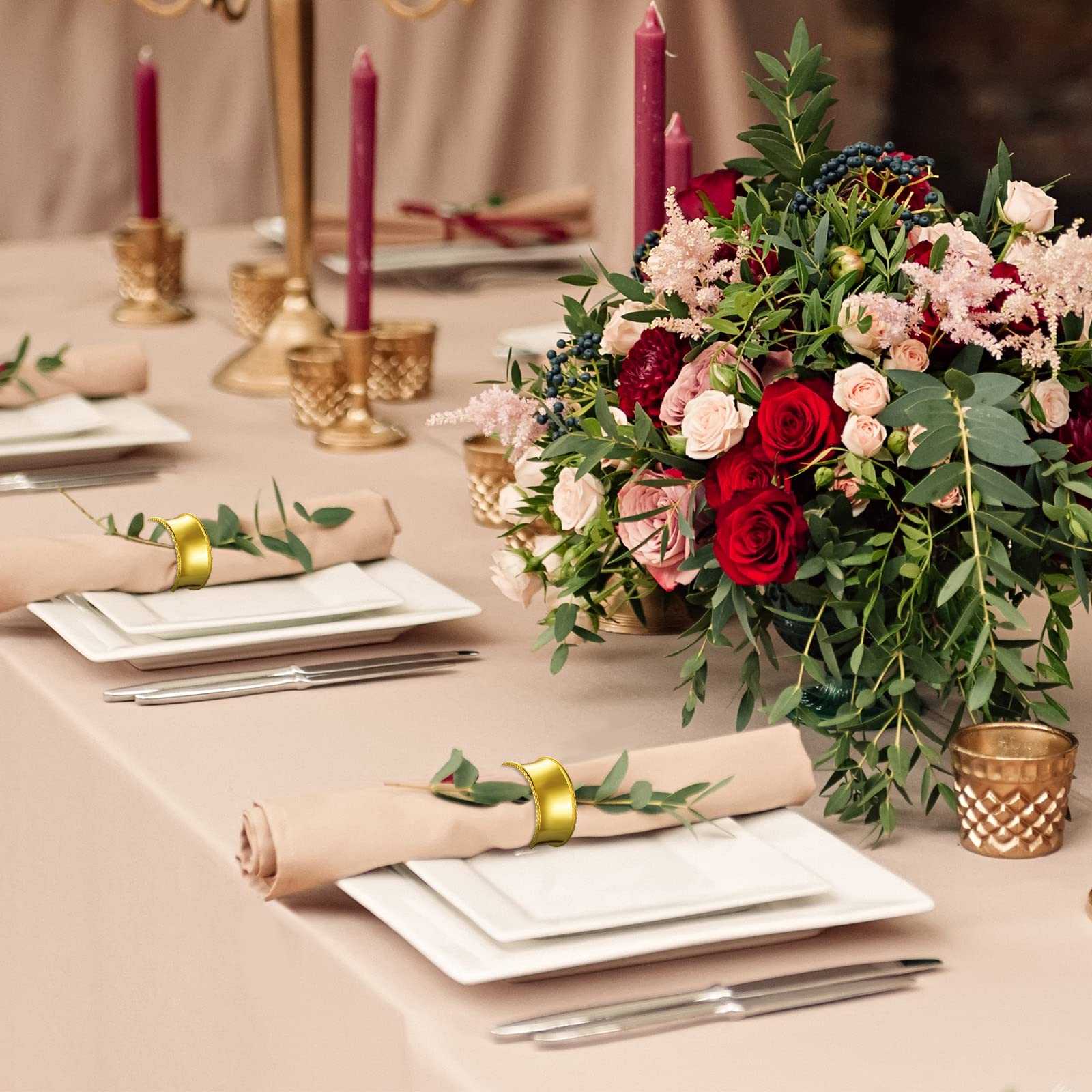 Hotop gold beaded napkin rings create festive holiday ambience.