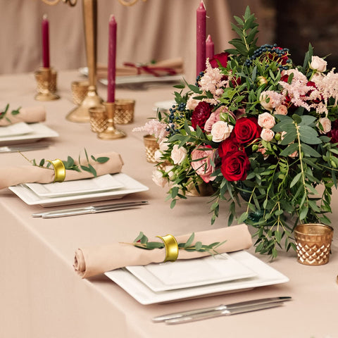 Hotop gold beaded napkin rings create festive holiday ambience.