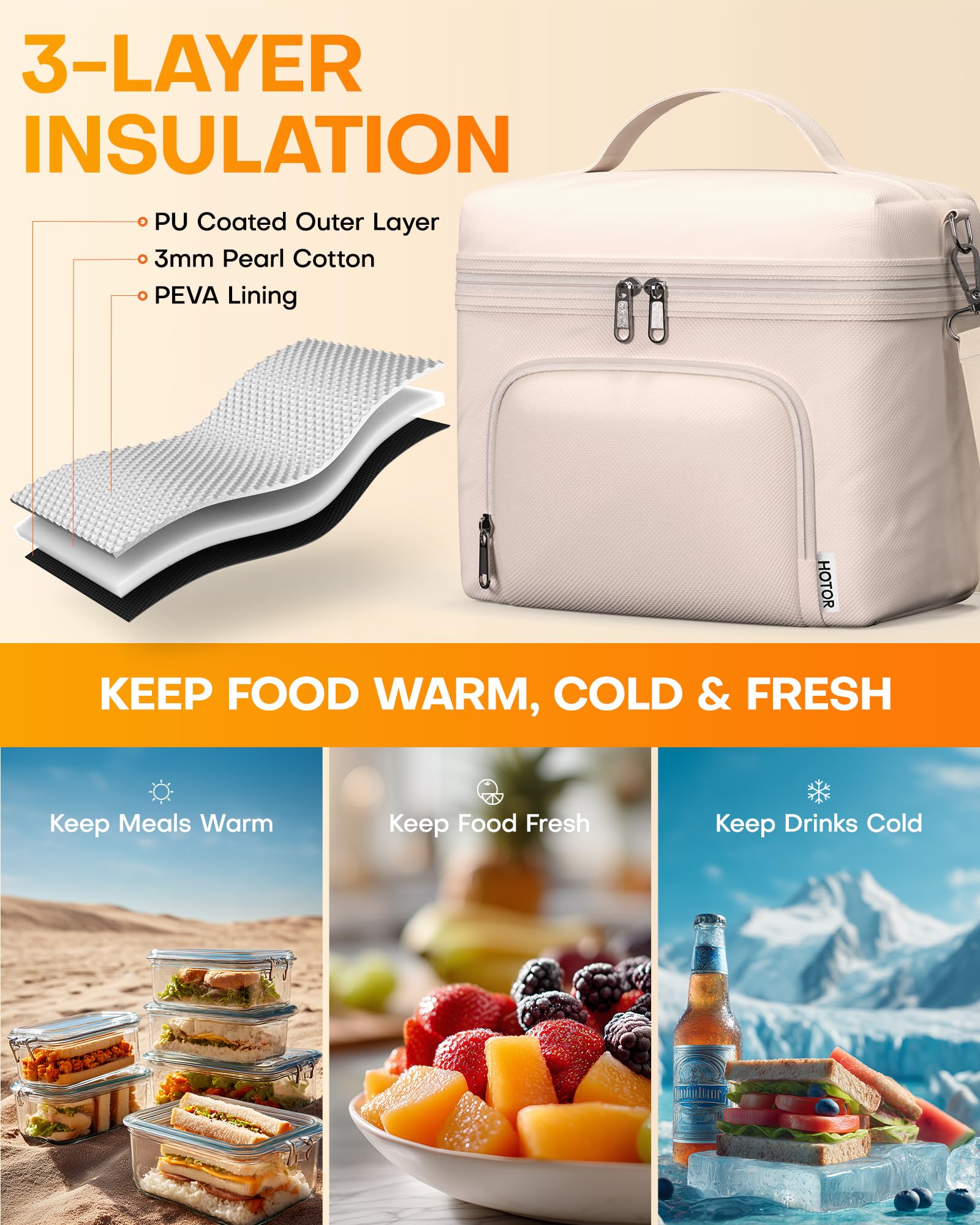 HOTOR insulated lunch bag interior shows 8L capacity for a full meal and drinks.