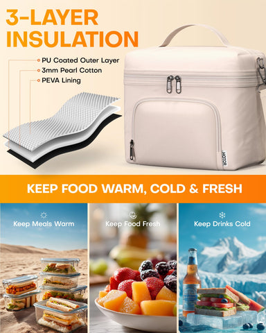 HOTOR insulated lunch bag interior shows 8L capacity for a full meal and drinks.