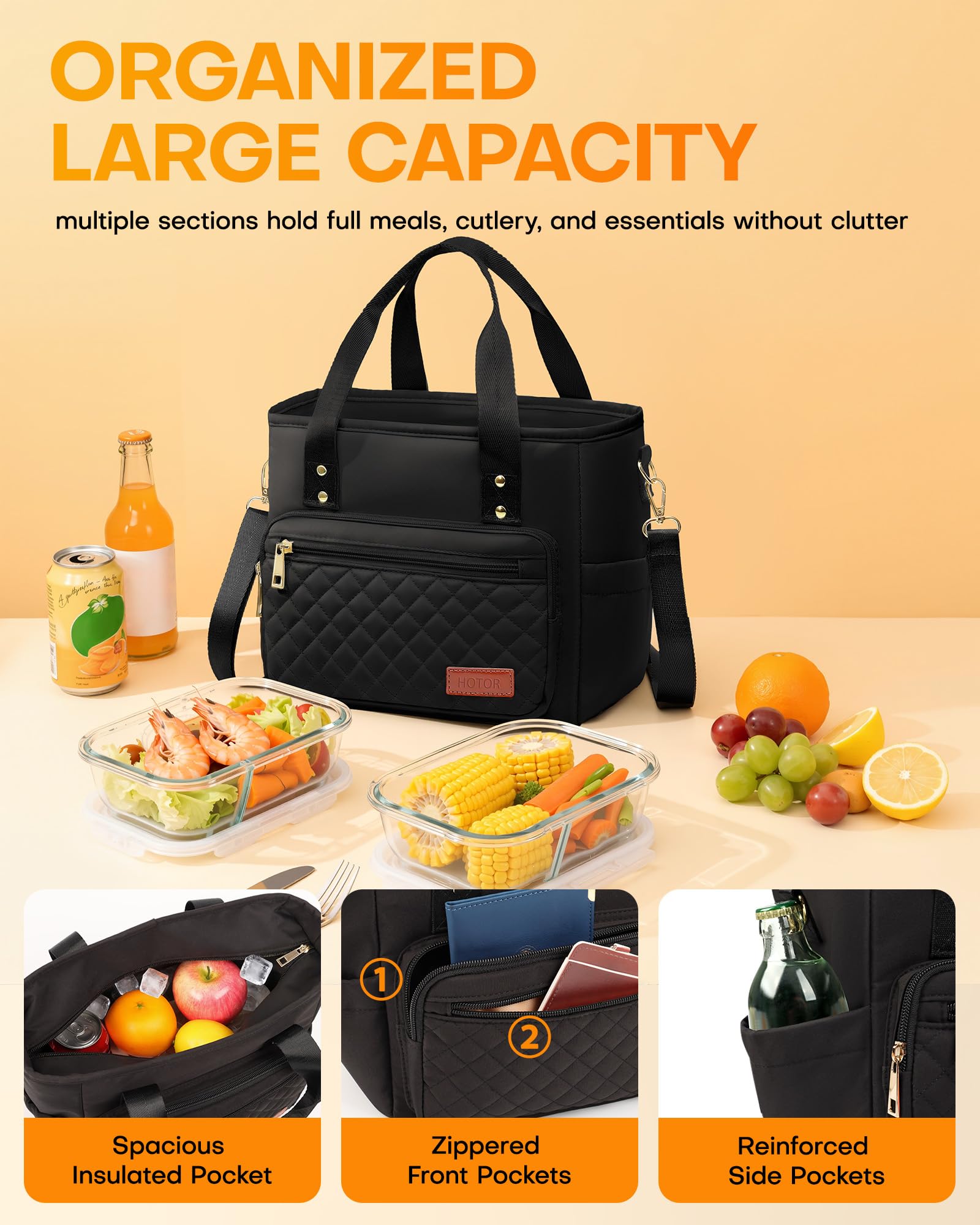 HOTOR Lunch Box for Women front pocket provides quick access to utensils and snacks.