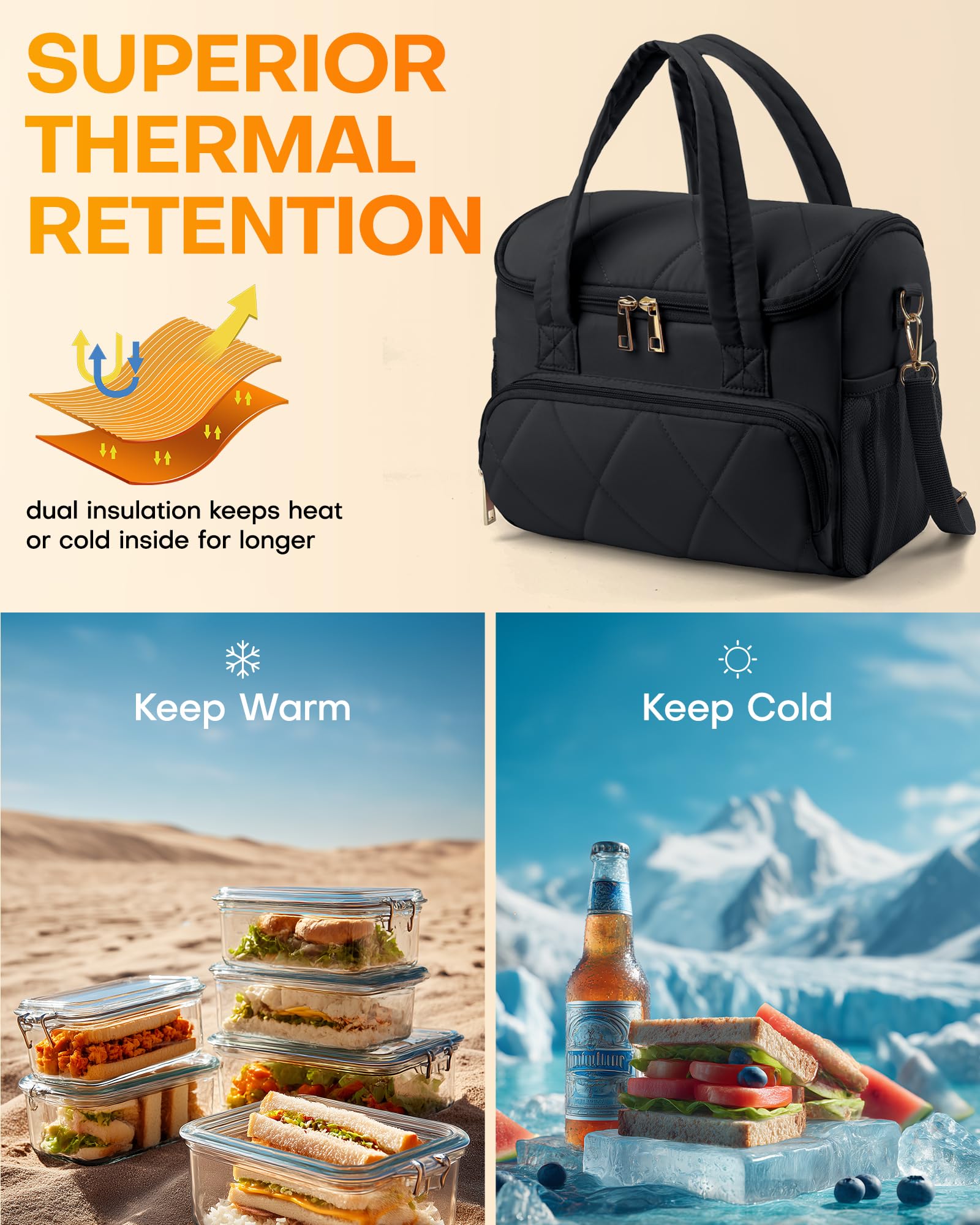 HOTOR Lunch Box for Women side mesh pockets hold bottles or snacks within reach.