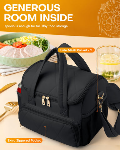 HOTOR Lunch Box for Women zipper pocket stores utensils securely for easy access.