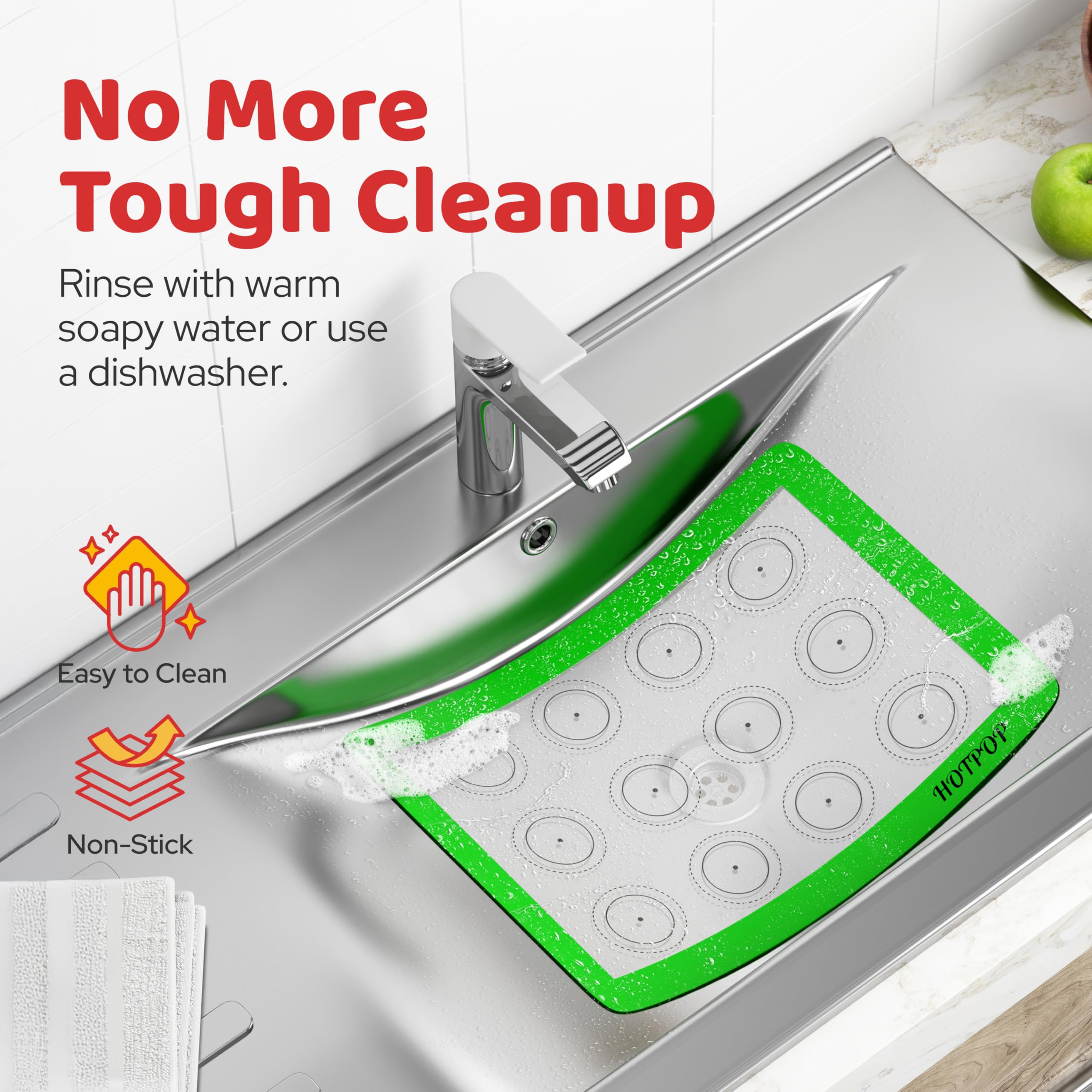 HOTPOP mats wipe clean or dishwasher-safe for busy family kitchens.