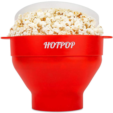 HOTPOP original silicone popcorn maker with red handles for easy popping.