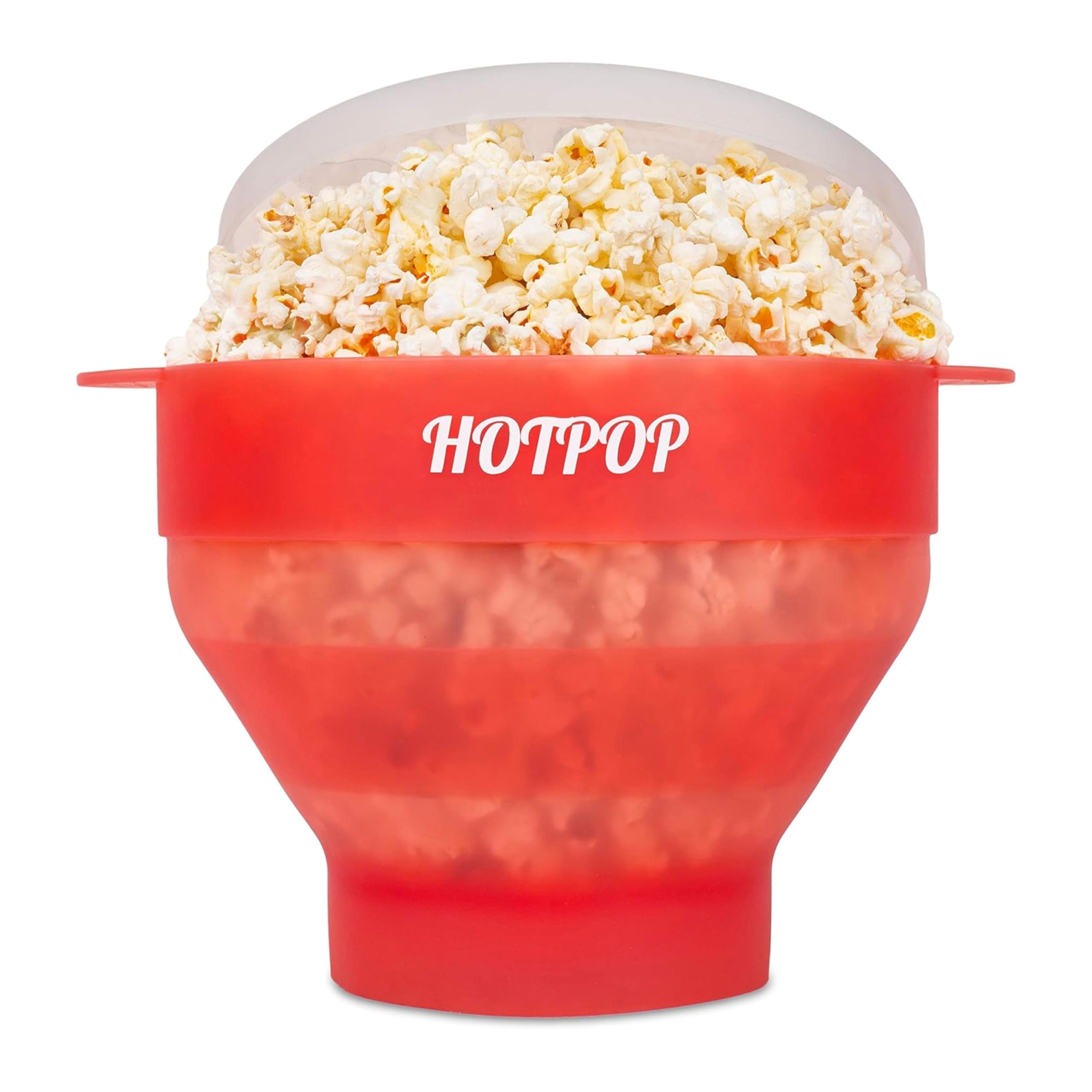 HOTPOP popcorn popper with lid and handles for safe microwave cooking.
